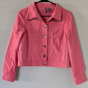 New Directions Denim Jacket Womens Sz Small Button Up Orange Pockets Cap Sleeve